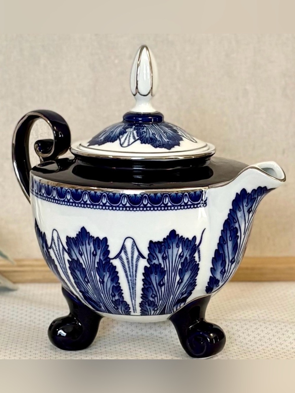 Vintage Bombay Co Blue and White Ceramic Asian Garden Teapot with Leaf Motif